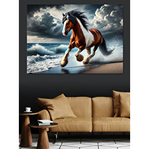 Dalgada Koşan Kahverengi At Dekoratif Kanvas - Mdf Ahşap Tablo 70x100 cm