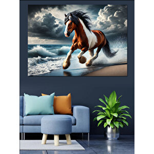 Dalgada Koşan Kahverengi At Dekoratif Kanvas - Mdf Ahşap Tablo 70x100 cm