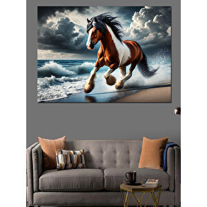Dalgada Koşan Kahverengi At Dekoratif Kanvas - Mdf Ahşap Tablo 70x100 cm