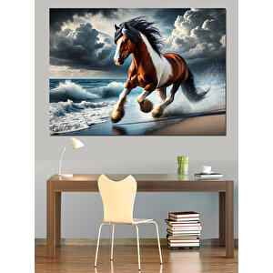 Dalgada Koşan Kahverengi At Dekoratif Kanvas - Mdf Ahşap Tablo