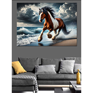 Dalgada Koşan Kahverengi At Dekoratif Kanvas - Mdf Ahşap Tablo