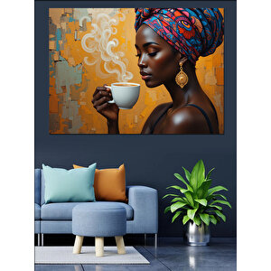 Afrikalı Kahve İçen Kadın Dekoratif Kanvas - Mdf Ahşap Tablo 100x140 cm
