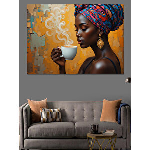 Afrikalı Kahve İçen Kadın Dekoratif Kanvas - Mdf Ahşap Tablo 100x140 cm