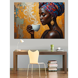 Afrikalı Kahve İçen Kadın Dekoratif Kanvas - Mdf Ahşap Tablo 100x140 cm