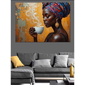 Afrikalı Kahve İçen Kadın Dekoratif Kanvas - Mdf Ahşap Tablo