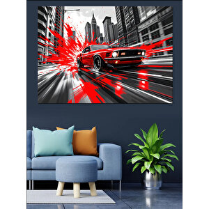 Şehirde Hızlı Kırmızı Araba Dekoratif Kanvas - Mdf Ahşap Tablo