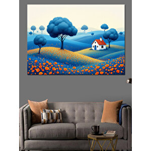 Mavi Manzaralı Küçük Ev Dekoratif Kanvas - Mdf Ahşap Tablo 50x70 cm