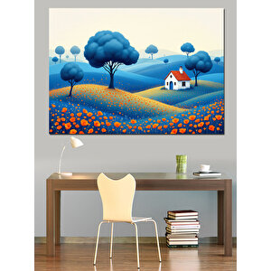 Mavi Manzaralı Küçük Ev Dekoratif Kanvas - Mdf Ahşap Tablo 50x70 cm
