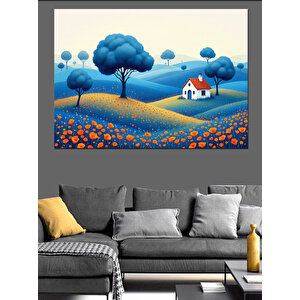 Mavi Manzaralı Küçük Ev Dekoratif Kanvas - Mdf Ahşap Tablo 50x70 cm