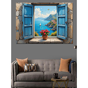 Mavi Panjurlu Akdeniz Evi Dekoratif Kanvas - Mdf Ahşap Tablo