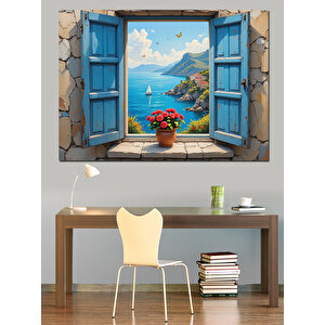 Mavi Panjurlu Akdeniz Evi Dekoratif Kanvas - Mdf Ahşap Tablo