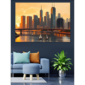 Modern Şehirde Gün Batımı Dekoratif Kanvas - Mdf Ahşap Tablo 70x100 cm
