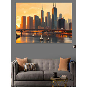 Modern Şehirde Gün Batımı Dekoratif Kanvas - Mdf Ahşap Tablo 70x100 cm