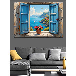 Mavi Panjurlu Akdeniz Evi Dekoratif Kanvas - Mdf Ahşap Tablo 35x50 cm