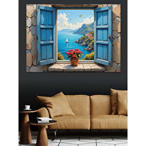 Mavi Panjurlu Akdeniz Evi Dekoratif Kanvas - Mdf Ahşap Tablo 35x50 cm