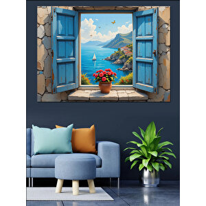 Mavi Panjurlu Akdeniz Evi Dekoratif Kanvas - Mdf Ahşap Tablo 35x50 cm