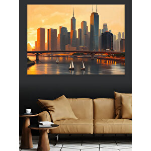 Modern Şehirde Gün Batımı Dekoratif Kanvas - Mdf Ahşap Tablo 50x70 cm