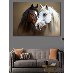 Kahverengi Ve Beyaz Atlar Dekoratif Kanvas - Mdf Ahşap Tablo 50x70 cm