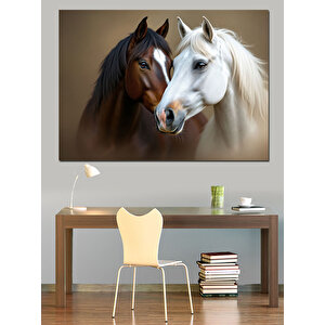 Kahverengi Ve Beyaz Atlar Dekoratif Kanvas - Mdf Ahşap Tablo 50x70 cm