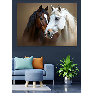 Kahverengi Ve Beyaz Atlar Dekoratif Kanvas - Mdf Ahşap Tablo 70x100 cm