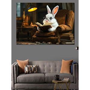 Kitap Okuyan Beyaz Tavşan Dekoratif Kanvas - Mdf Ahşap Tablo 100x140 cm