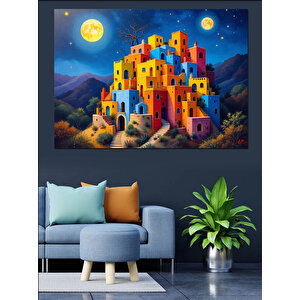 Gece Işıklı Renkli Evler Dekoratif Kanvas - Mdf Ahşap Tablo