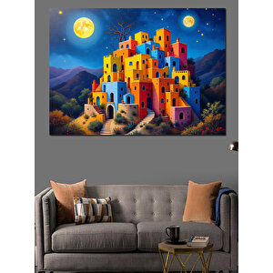Gece Işıklı Renkli Evler Dekoratif Kanvas - Mdf Ahşap Tablo