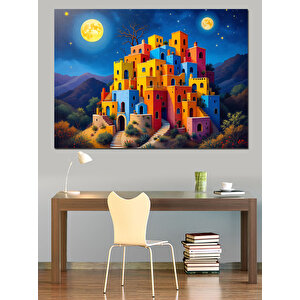 Gece Işıklı Renkli Evler Dekoratif Kanvas - Mdf Ahşap Tablo 35x50 cm