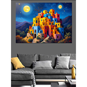 Gece Işıklı Renkli Evler Dekoratif Kanvas - Mdf Ahşap Tablo 35x50 cm