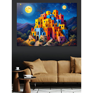 Gece Işıklı Renkli Evler Dekoratif Kanvas - Mdf Ahşap Tablo 35x50 cm