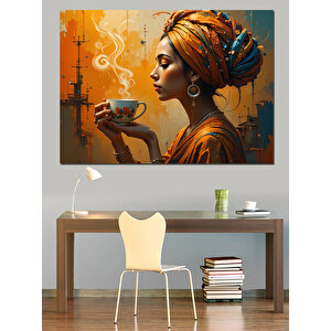 Kahve İçen Afrika Kadını Dekoratif Kanvas - Mdf Ahşap Tablo 50x70 cm