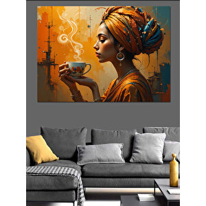 Kahve İçen Afrika Kadını Dekoratif Kanvas - Mdf Ahşap Tablo 50x70 cm