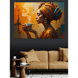 Kahve İçen Afrika Kadını Dekoratif Kanvas - Mdf Ahşap Tablo 50x70 cm