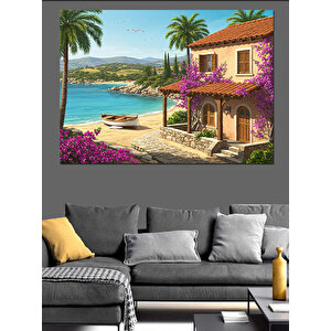 Akdeniz Evleri Sahil Manzarası Dekoratif Kanvas - Mdf Ahşap Tablo 70x100 cm