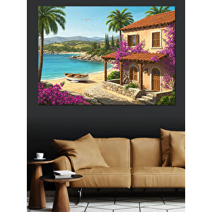 Akdeniz Evleri Sahil Manzarası Dekoratif Kanvas - Mdf Ahşap Tablo 70x100 cm