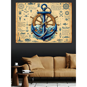 Mavi Çapa Ve Harita Dekoratif Kanvas - Mdf Ahşap Tablo 100x140 cm