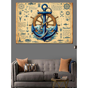 Mavi Çapa Ve Harita Dekoratif Kanvas - Mdf Ahşap Tablo