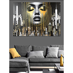 Altın Kadın Ve Şehir Dekoratif Kanvas - Mdf Ahşap Tablo 70x100 cm