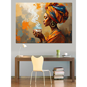 Afrikalı Kadın Ve Kahve Dekoratif Kanvas - Mdf Ahşap Tablo 35x50 cm