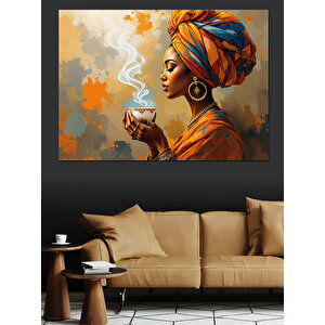 Afrikalı Kadın Ve Kahve Dekoratif Kanvas - Mdf Ahşap Tablo 25x35 cm