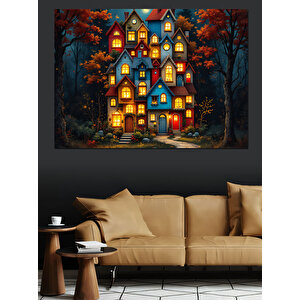 Büyülü Gece Masal Evleri Dekoratif Kanvas - Mdf Ahşap Tablo 70x100 cm
