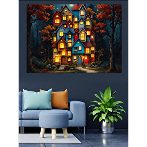 Büyülü Gece Masal Evleri Dekoratif Kanvas - Mdf Ahşap Tablo 100x140 cm