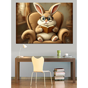 Kitap Okuyan Sevimli Tavşan Dekoratif Kanvas - Mdf Ahşap Tablo 50x70 cm