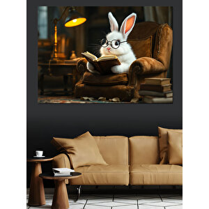 Kitap Okuyan Beyaz Tavşan Dekoratif Kanvas - Mdf Ahşap Tablo