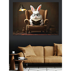 Gözlüklü Tavşan Koltukta Oturuyor Dekoratif Kanvas - Mdf Ahşap Tablo
