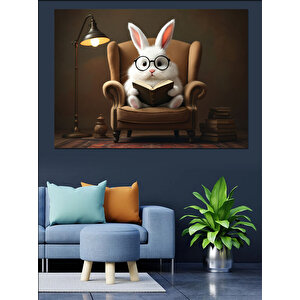Gözlüklü Tavşan Koltukta Oturuyor Dekoratif Kanvas - Mdf Ahşap Tablo 35x50 cm