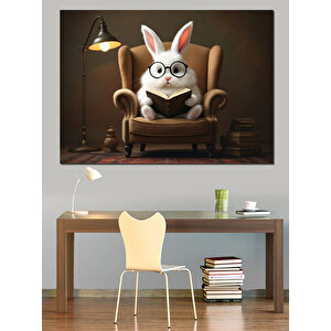 Gözlüklü Tavşan Koltukta Oturuyor Dekoratif Kanvas - Mdf Ahşap Tablo 35x50 cm