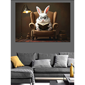 Gözlüklü Tavşan Koltukta Oturuyor Dekoratif Kanvas - Mdf Ahşap Tablo