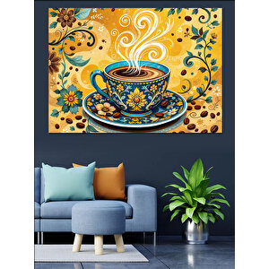 Desenli Kahve Fincanı Dekoratif Kanvas - Mdf Ahşap Tablo 70x100 cm
