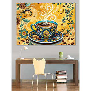 Desenli Kahve Fincanı Dekoratif Kanvas - Mdf Ahşap Tablo 70x100 cm